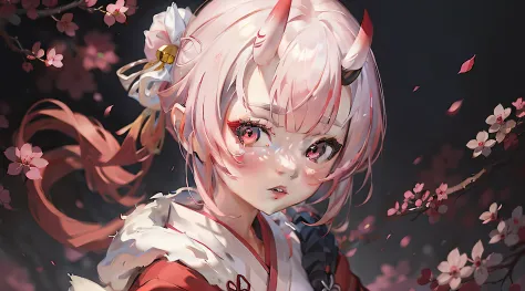 an Asian girl wearing a red and white kimono with pink hair and eyes, com chifres.