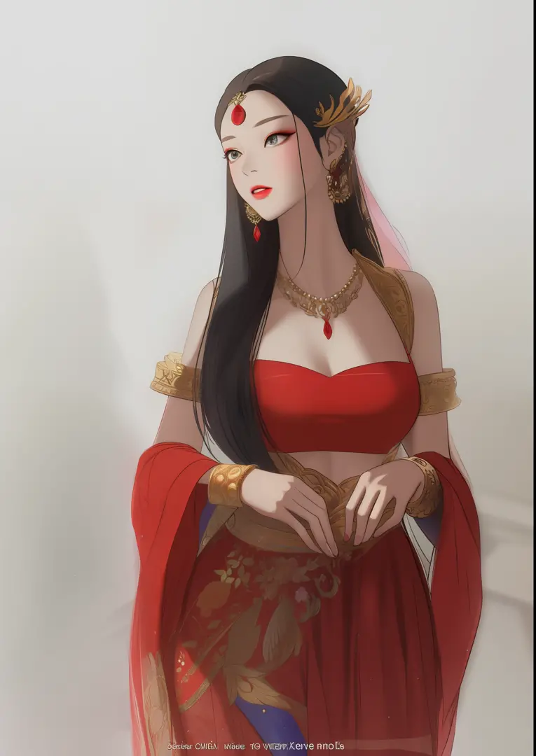 illustration,painting of a woman in a red dress with a gold necklace, thailand art, portrait of modern darna, portrait of a beautiful goddess, a beautiful fantasy empress, a stunning portrait of a goddess, traditional beauty, beautiful oriental woman, colo...