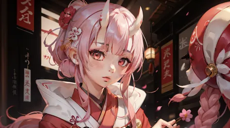 an Asian girl wearing a red and white kimono with pink hair and eyes, com chifres.