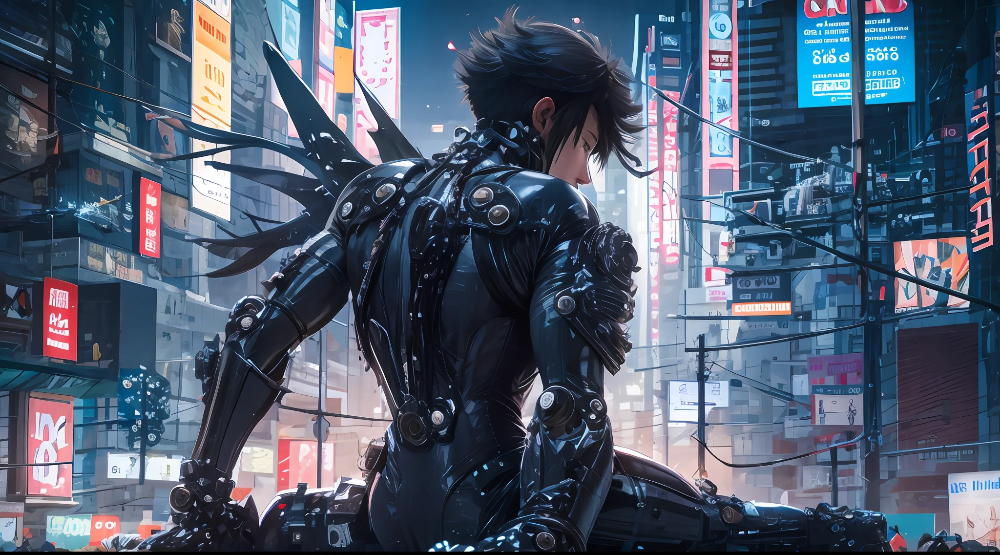 （Ultra-clear image quality）(Man in Black mech), droid，Machinary，photography of：Shinsuke Sato, (The limiter flashes blue), ((The City of the Killing:0, Black latex clothing, gantz:0)), Night City Battle background, The fire burst into the sky, Sparks fly, cyberpunk glossy latex suit, gantz, cyberpunk anime, futuristic glossy latex suit, styled like ghost in the shell, diverse cybersuits, movie poster character, an oppai cyberpunk, cyber suit, cyber suit, (tmasterpiece), Ultra-wide angle, hyper HD, retinas, Anatomically correct, Textured skin, ccurate, A high resolution, 16k, Award-Awarded