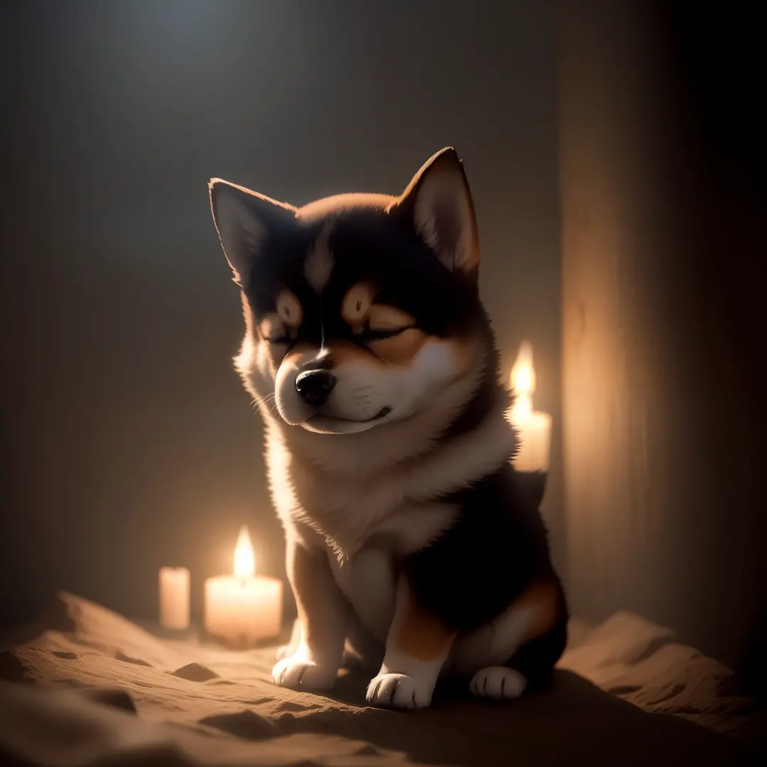 In a dimly lit dungeon、、Shiba Inu cute puppy is sleeping、Close-up photos、Volumetric fog、Halation、bloom、Dramatic atmosphere、central、thirds rule、200mm 1.4F Macro Shot、