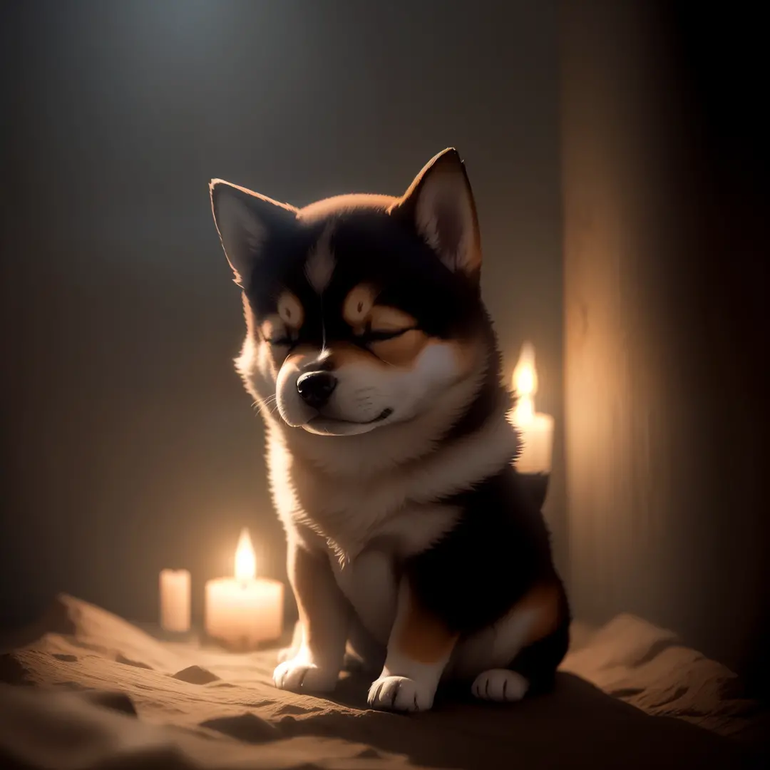 in a dimly lit dungeon、、shiba inu cute puppy is sleeping、close-up photos、volumetric fog、halation、bloom、dramatic atmosphere、centr...