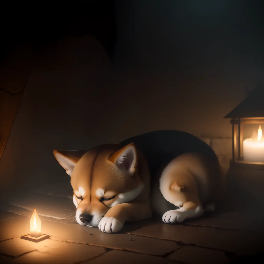 In a dimly lit dungeon、、Shiba Inu cute puppy is sleeping、Close-up photos、Volumetric fog、Halation、bloom、Dramatic atmosphere、centr...