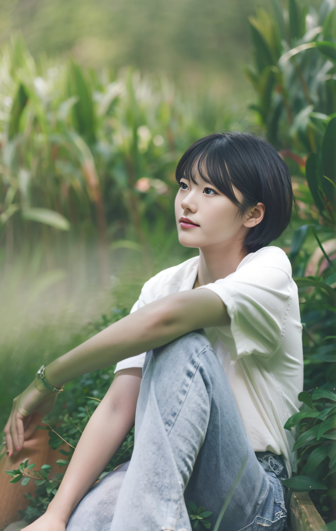 On the grass sat a woman, A young Asian woman, chiho, with short hair, Young Asian woman, photograph of a woman, side portrait imagery, sitting in a field, in the middle of nature, lofi portrait, portrait of a japanese teen, photo of young woman, girl sitting in a flower field, sat on the ground