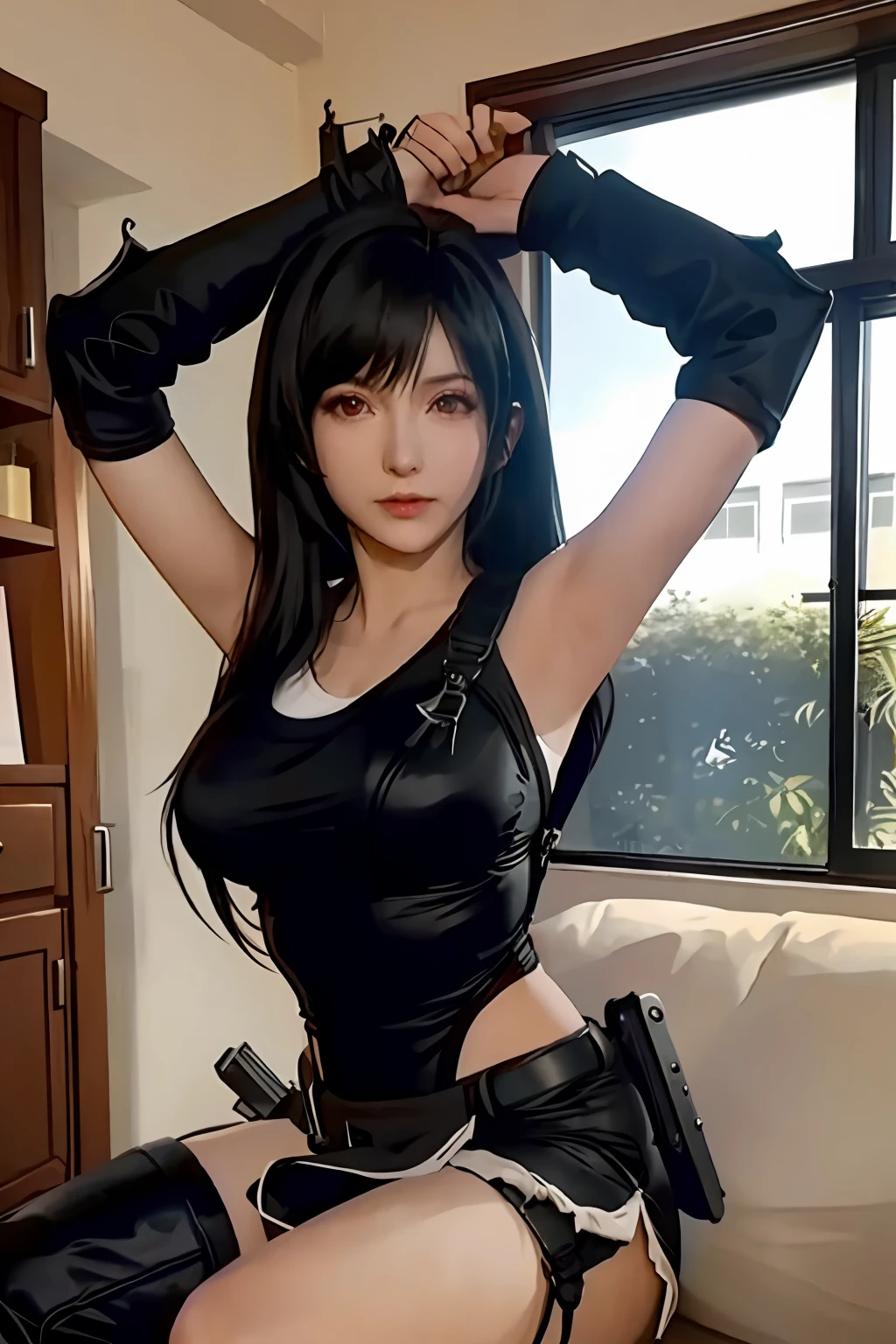 1 garota, Sozinho, dentro de casa, estúdio, Chutando, photorealista, realista, fotografia, cosplay, (Tifa Lockhart)