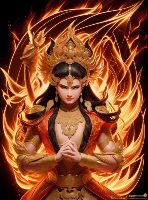 tmasterpiece，超a high resolution，powerful ming wang lux，one front and two sides，six arms，the whole body is on fire，full of flames...