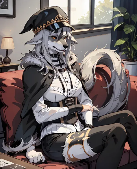 (Wolf, furry, anthropomorphic), Male, siting on couch, inside, Living room, wearing shorts, wearing large black hoodie, black ha...