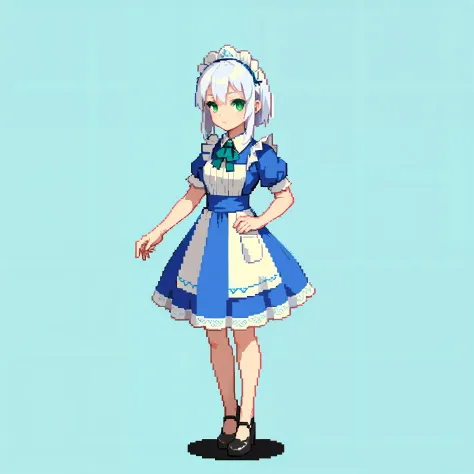 (masterpiece, top quality, best quality), pixel, pixel art, 1girl, full body, white hair, green eyes, blue maid dress