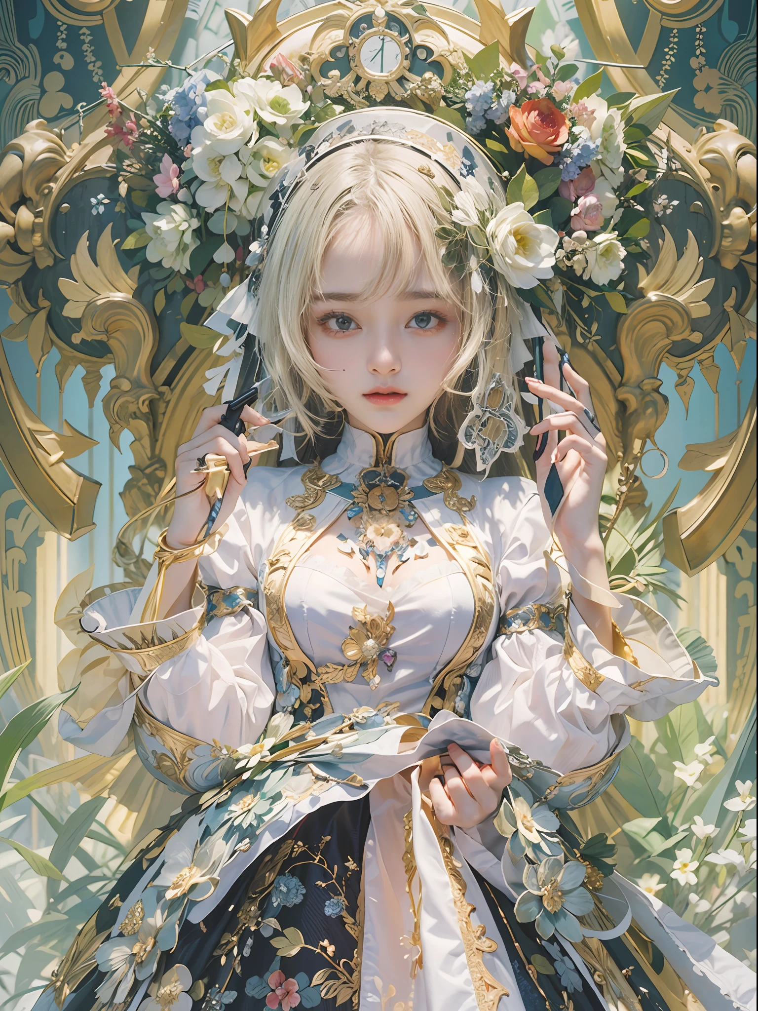 (​masterpiece、top-quality、top-quality、Detailed and complex、Official art、Beautifully Aesthetic:1.3)、(1girl in:1.3)、(Fractal Art:1.3)、colourfull、Vivid、Victorian costume