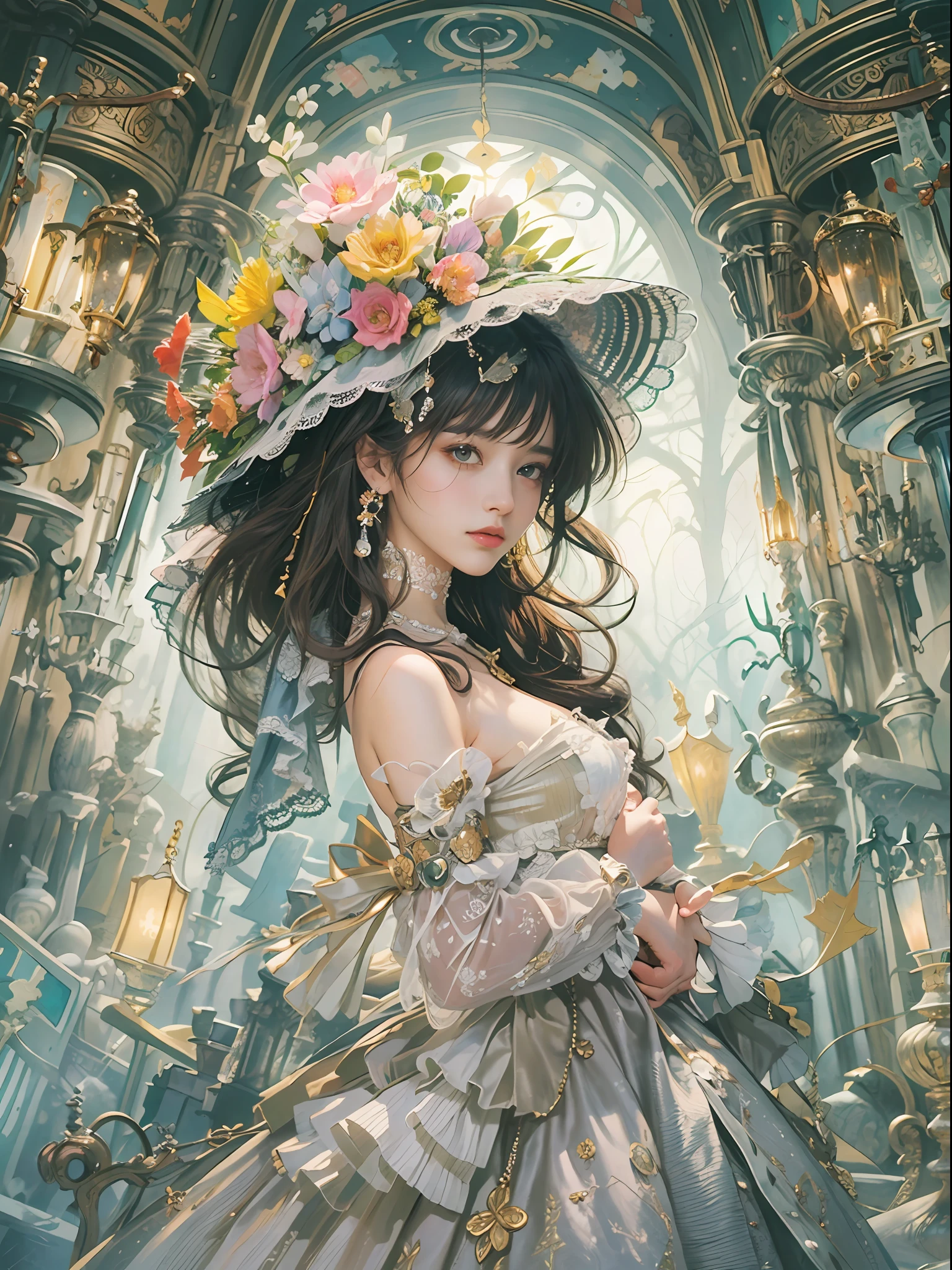 (​masterpiece、top-quality、top-quality、Detailed and complex、Official art、Beautifully Aesthetic:1.3)、(1girl in:1.3)、(Fractal Art:1.3)、colourfull、Vivid、Victorian costume