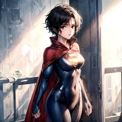 thight suit, looking at viewer, Masterpiece, Sasha calle, superman suit, short hair, black hair, red cape, perfect hands, Brown ...