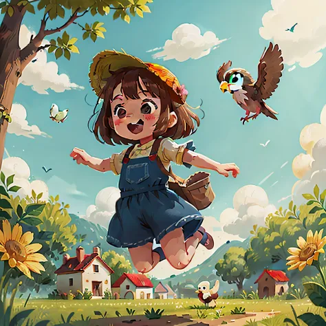 cute little girl jumping in the fields of spain and having fun with her pet bird