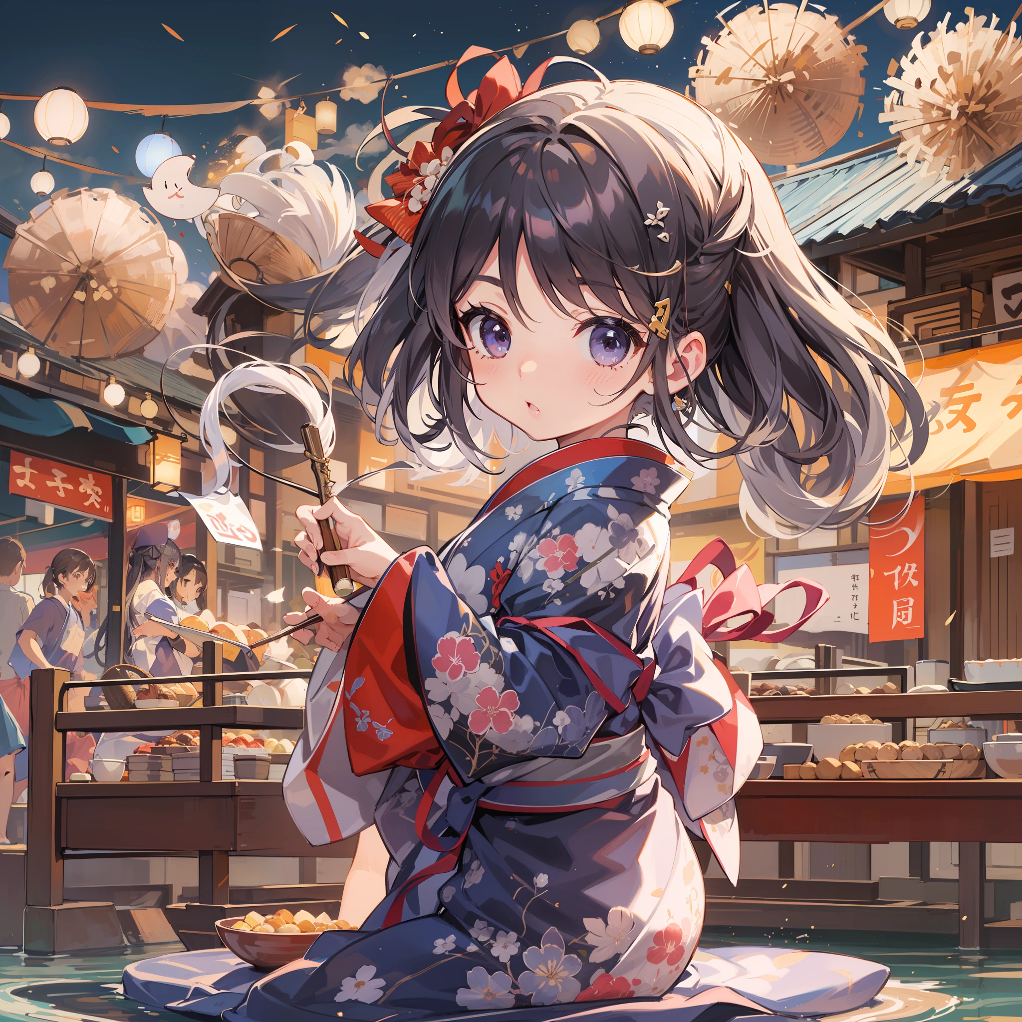 Chibi:1.5,Komono,Girl in Yukata,Blowing in the wind,Summer Festivals,natta,food stand,Spirit Stream,Big  Fireworks,poneyTail,(masutepiece: 1.3), (exquisite detailing: 1.2), Delicate and beautiful details, (Eye Detail), (Facial Detailed), (Highest Quality) :1.4), (Hyper-Resolution: 1.2), (very detailed illustration),Best Quality,depth of fields, Wide light, natural shadows