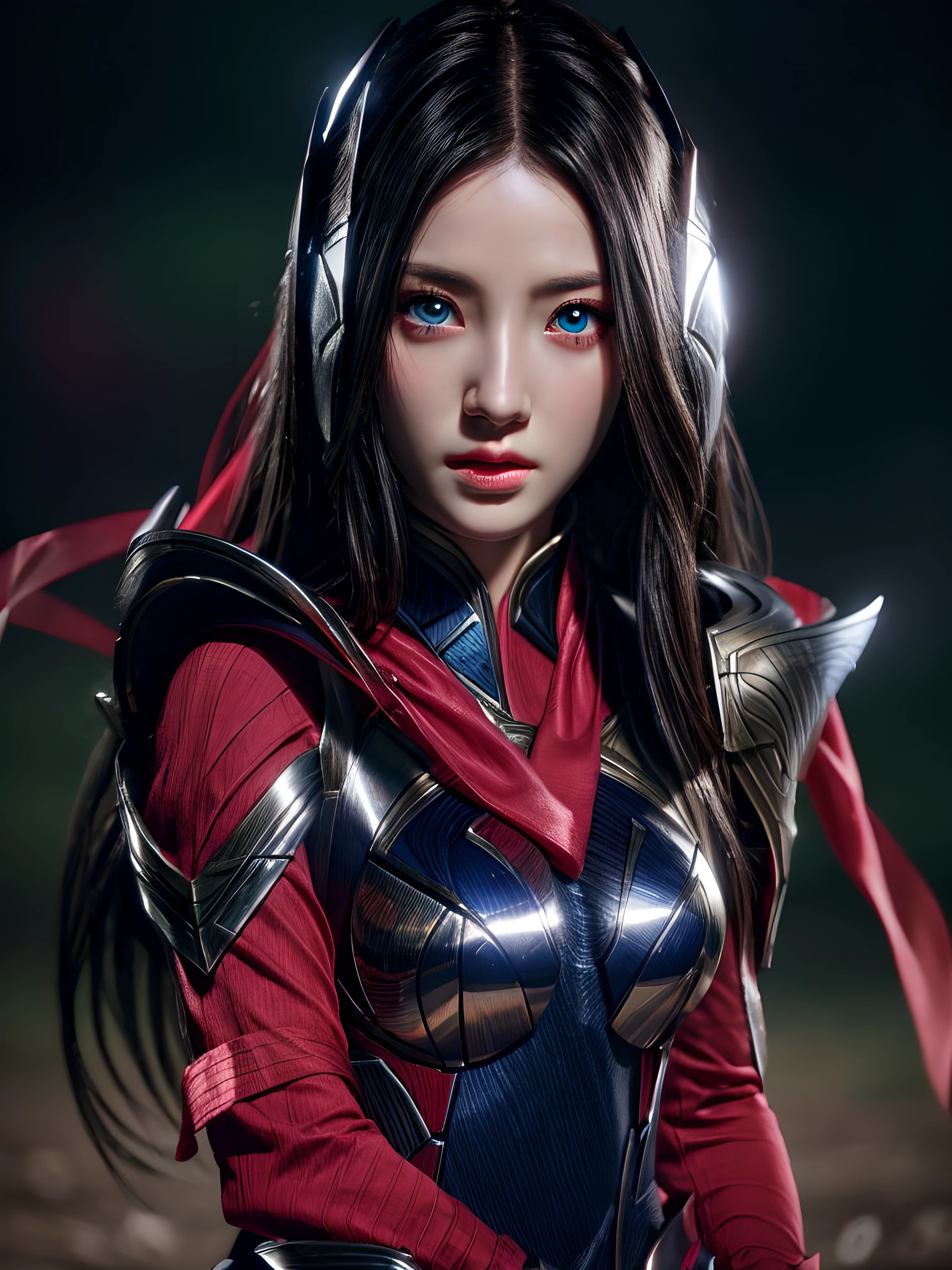 Highly detailed, High Quality, Masterpiece, beautiful, sharp focus, shiny skin, medium breasts, irelia, on battlefield, ribbon, arm ribbon, armor, blue eyes, ulzzang-6500-v1.1