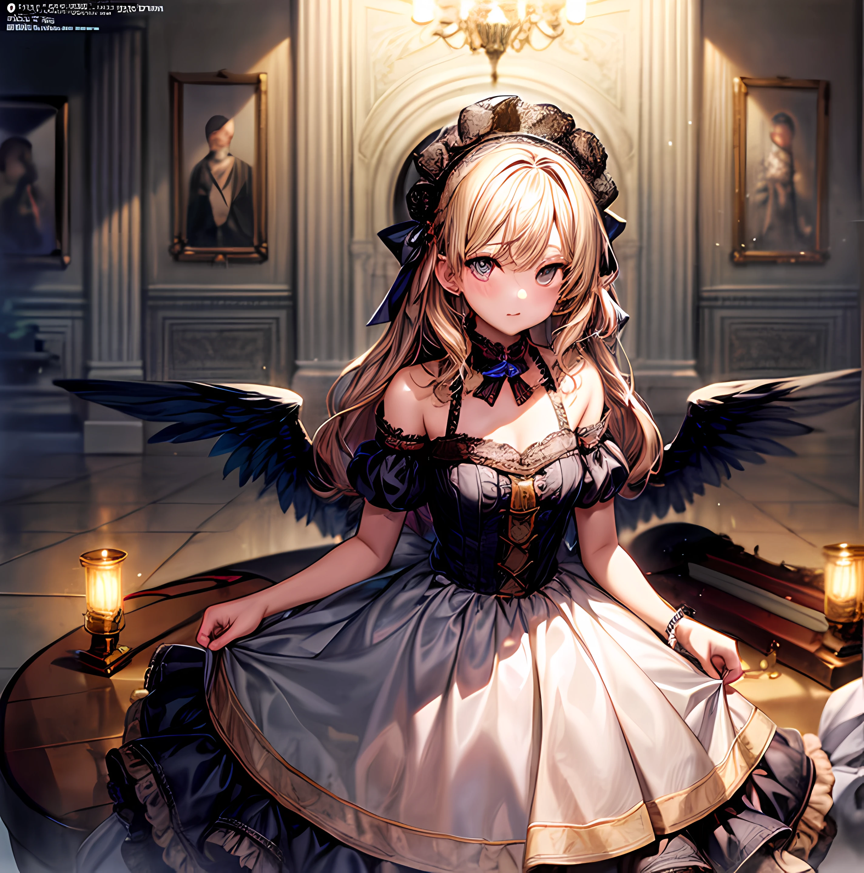 Anime girl with angel wings sitting on a table in a room - SeaArt AI