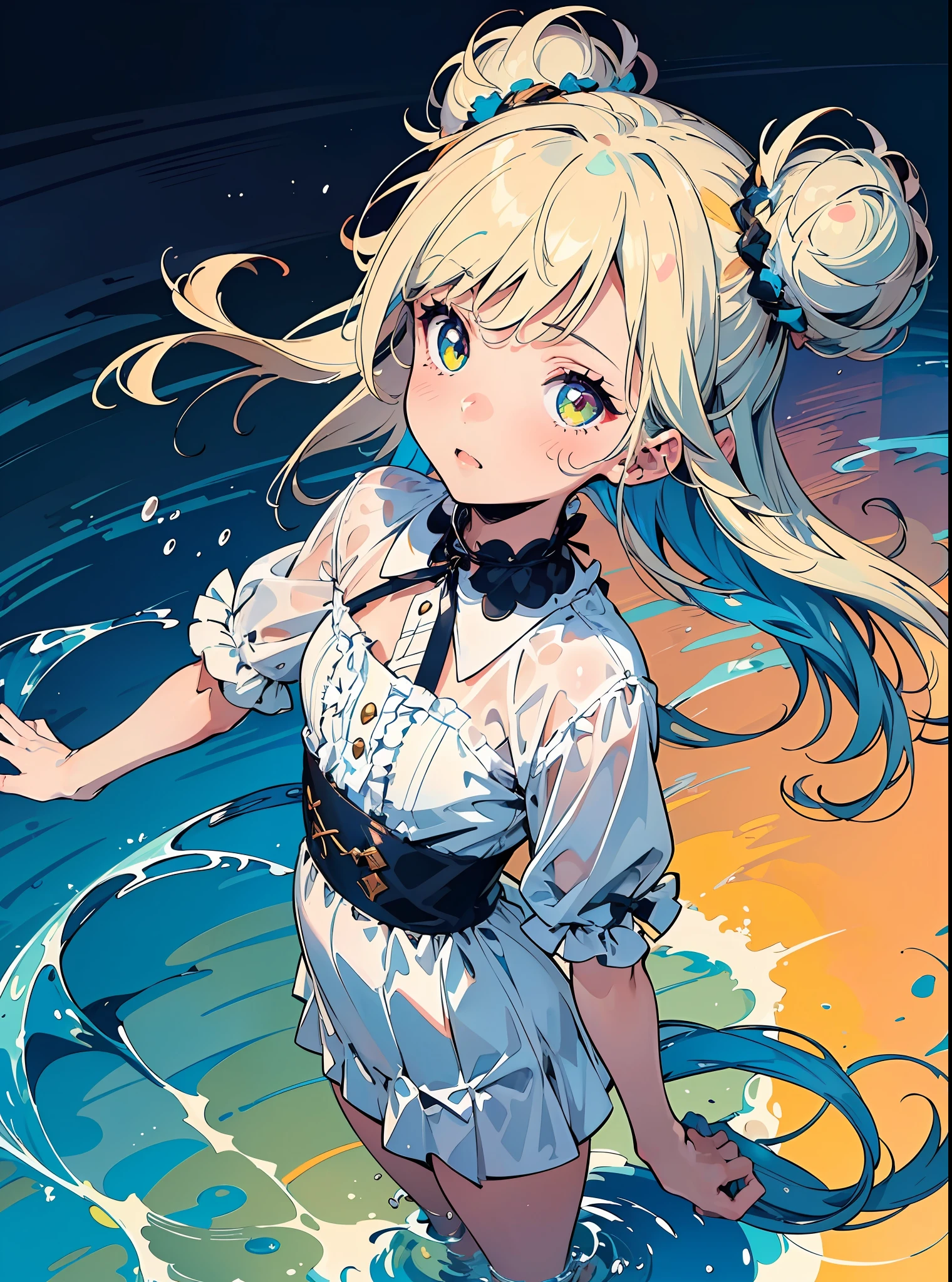 (Masterpiece, Top quality, Best quality, Beautiful and aesthetic:1.2), 80,80shair，(1girll:1.3),( Flat color:1.3), high resolution, Extremely detailed, Original, Colorful, colored splashing, water, spatter, Atmospheric perspective, crossed bangs, double bun hair, pointy hair,