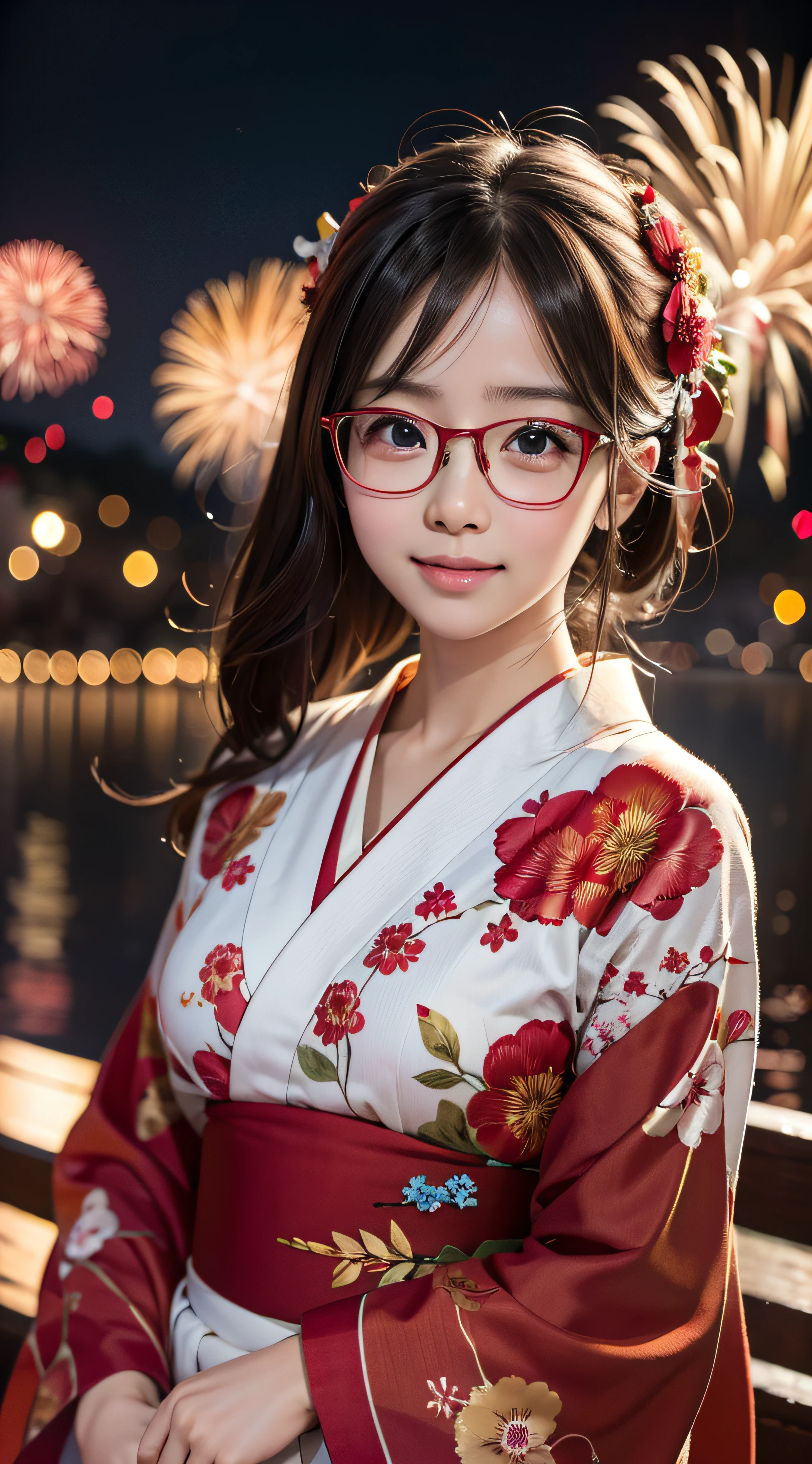 8k, Photos brutes, de la plus haute qualité, une résolution ultra haute définition, 1 fille, En personne, Super définition, haute résolution, seulement, belle une fille, Yeux brillants, Yeux avec des lunettes, belle fille japonaise, Yukata fleur rouge, fond de feu d&#39;artifice, Haute qualité