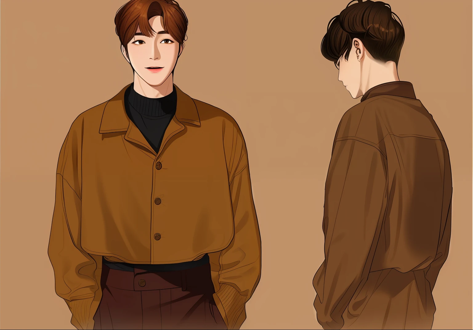 a man in a brown jacket and brown pants standing next to each other, cropped shirt with jacket, he is wearing a brown sweater, brown jacket, male ulzzang, inspired by jeonseok lee, he has short curly brown hair, brown shirt, brown clothes, inspired by Zhang Han, inspired by Kim Myeong-guk, jinyoung shin aesthetic
