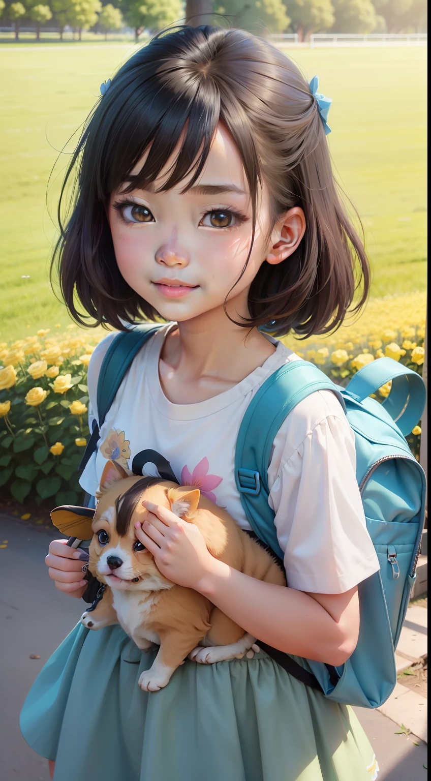 A very charming、Cute little girl carrying backpack，(asiagirl),delicated face，large shiny eyes，adorable smile，full bodyesbian，With her cute puppy，Enjoy a beautiful spring outing，((grassy fields))，Blushlush，Surrounded by beauty(yellow rose)and nature,Flying and colorful(butterflys),The illustration is a high-definition illustration in 4K resolution，featuring highly detailed facial features and cartoon-style visuals。