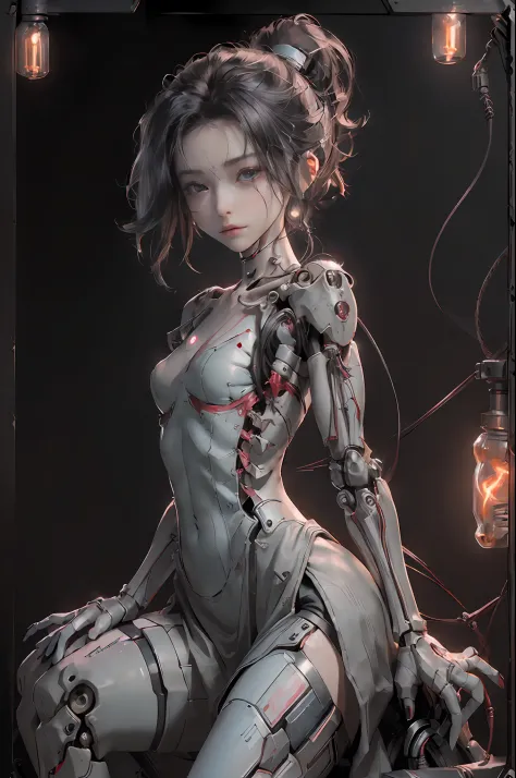 (((masterpiece))), ((best quality))), ((ultra-detailed)), (CG illustration), (an extremely devious and beautiful)), (cute desktop face), cinematic light, ((1 mechanical girl)), solo, whole body, (machine-made joints). : 1.4), ((mechanical limbs)), (burstin...
