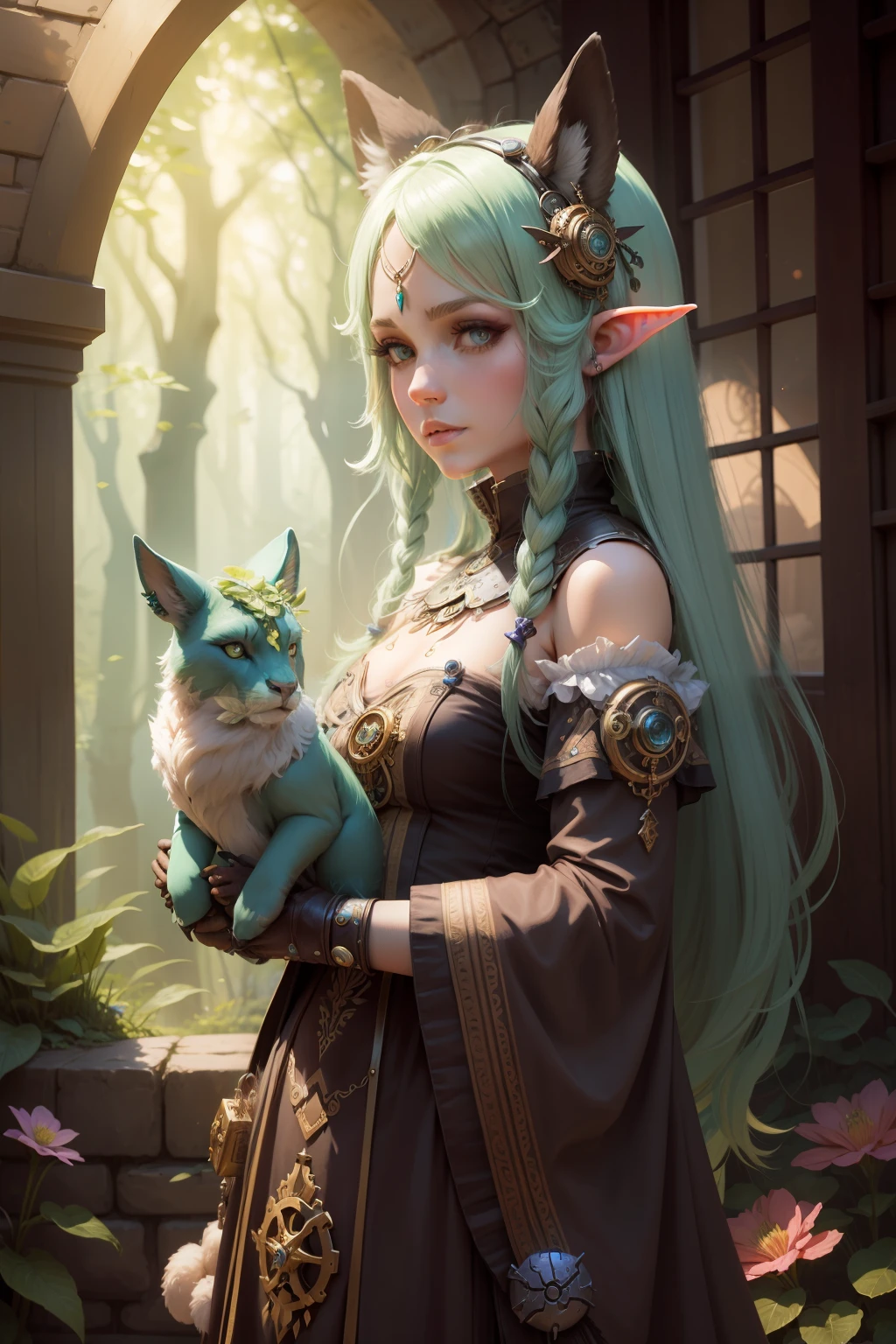 A woman with long green hair holding a cat in her hands - SeaArt AI