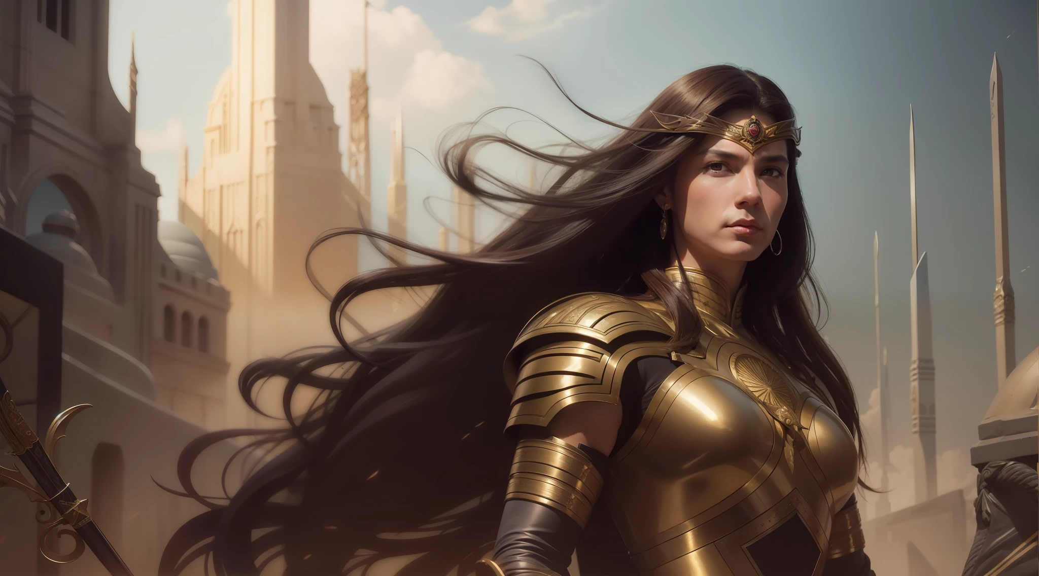 Close-up portrait photo of a Greek warrior woman with long straight hair in an epic battle environment, intrincado, elegante, altamente detalhado, Centrado, Pintura digital, art-station, arte conceitual, liso, foco nítido, illustration, Artgerm, Thomas Alen Kopera, Pedro Mohrbacher, Donato Giancola, joseph christian leyendecker, WLOP, Boris Vallejo