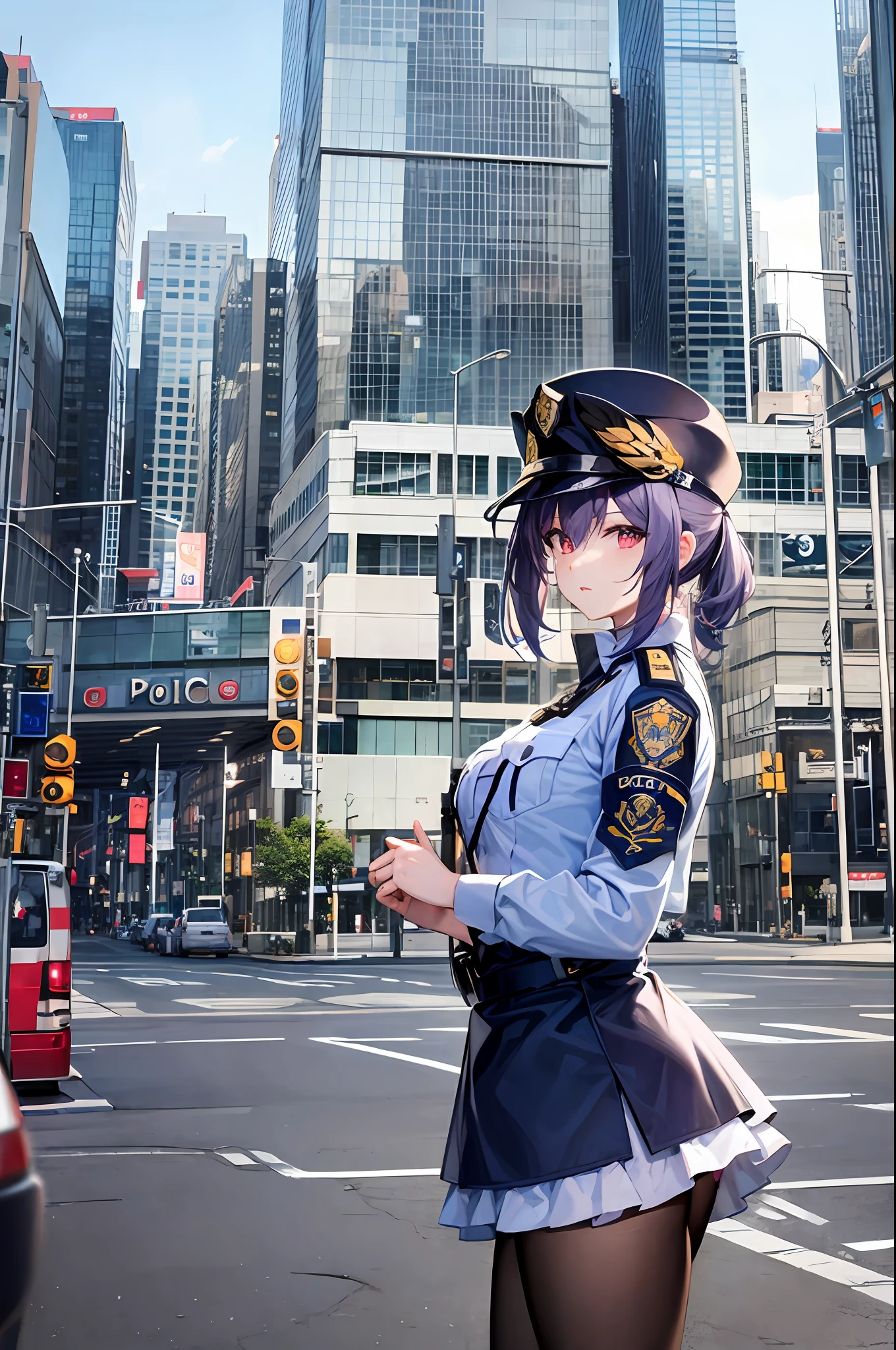 ((police uniform with))、urban backdrop、a miniskirt、