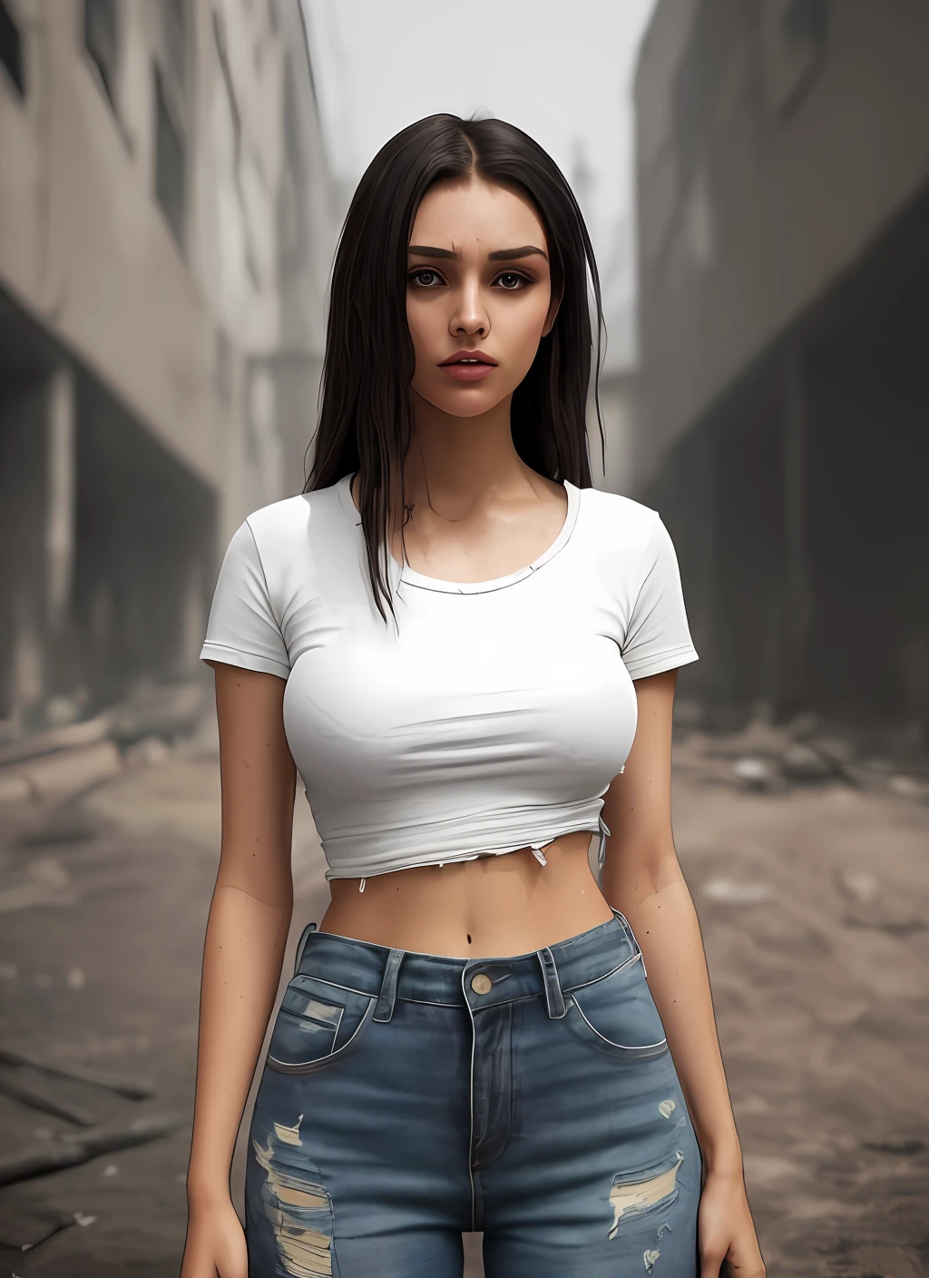 foto realista (estilo de sessão de modelo), (rosto detalhado), ((Mulher Waifu em um Apertado enferrujado )), pôr do sol, oleoso, swenoy, sujo, rasgado, Pós-apocalíptico,  nnoural skin texture, 24mm, Texturas 4k, soft cinemnoic light, Adobe Lightroom, laboratório fotográfico, hdr, (corpo de tiro completo:1.4), União Soviética, 70s, retrofuturismo, Obra de arte, (fotorrealista:1.4), melhor qualidade, ((camiseta preta velha e rasgada com gola redonda, jeans rasgados, sujo clothes,)) bela iluminação, ((roupas velhas e rasgadas, sujo))lying benoen on the ground, chuva, mud, poças, penteado trançado, rastreamento de raios, Fundo do espaço, ( fundo muito detalhado, fundo ocupado complexo detalhado : 1.4 ), foco nitído, volumetric fog, 8k hd, dslr, alta qualidade, film gchuva, ((humor depressivo)), fotorrealismo, lomografia , no ( Uma extensa metrópole soviética em uma futura distopia ), vista de baixo , translucidez , (hdr:1.2), Mar, camiseta básica longa, em ação diferente, de pé, andando, linda garota do Oriente Médio 25 anos, PEITO PESADO, corpo tonificado, pernas tonificadas, vestindo camiseta básica branca suja, manchas de lama na frente da camiseta, cabelos pretos sedosos com rabo de cavalo, olhos detalhados, Nariz detalhado, Lábios detalhados, Beleza árabe