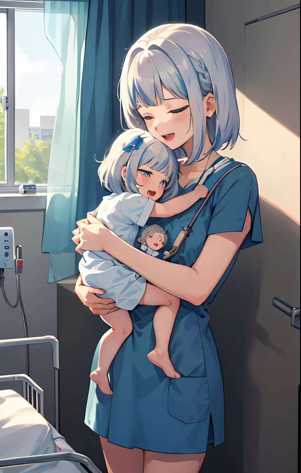 best quality, masterpiece,  
, short hair, Putih hair, bleu eyes, tachibana hibiki , energetic girl, young girl, (petite girl),
hospital bed, (hospital_gown), happy, hugging, holding infant, oyako, mother and daughter, family,  half-closed eyes, lactation, , open mouth,