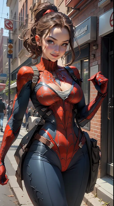 Beautiful woman detailed defined body using spider man cosplay，little breast，cleavage，ssmile，Off-the-shoulder attire