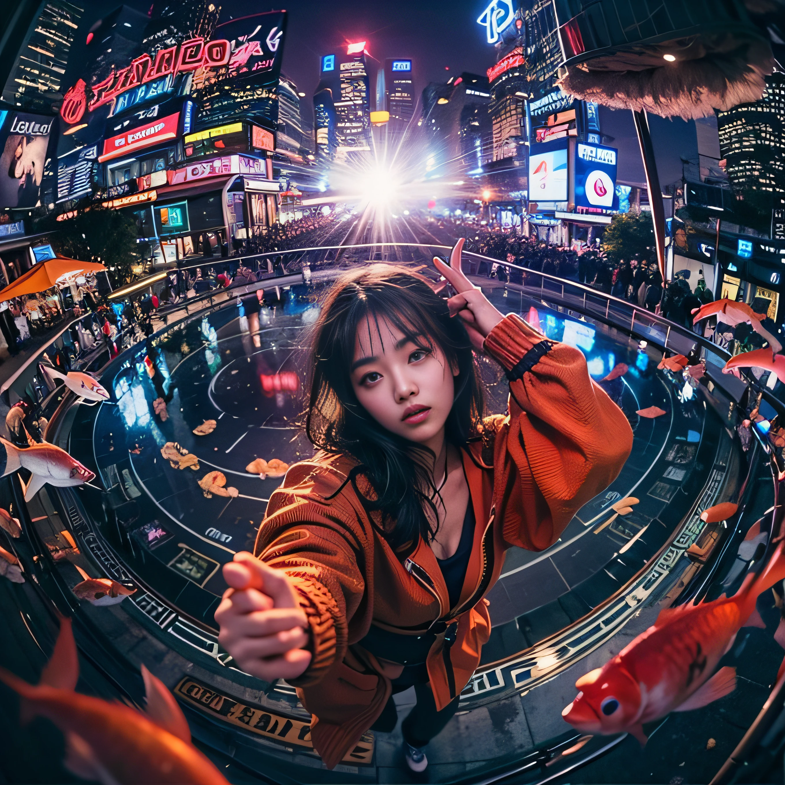 8K, RAW Photos, top-quality, ​masterpiece: 1.2),fish-eye lens、(((Wide View)))、looking down、fish-eye lens、Reach out and jump pose、Hair disheveled in the wind、fully body photo、Red or orange neon、Cyberpunk movies、Raw photo of beautiful Korean 20 year old woman、Half Face、deep in the night、darkened room、hightquality、More skin、Lustrous skin、clearface、cinema shot、nffsw、foco nítido