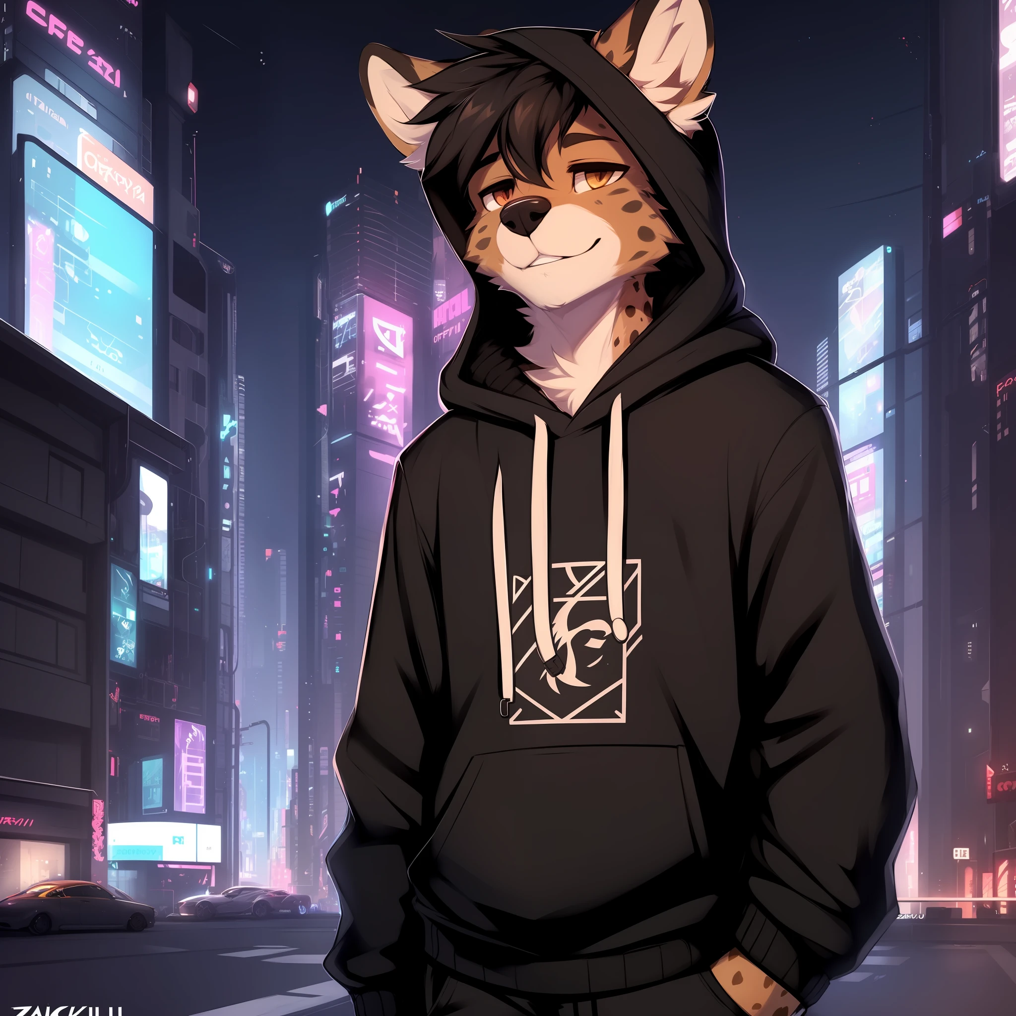 by zackary911, (coffeesoda:1.1), hioshiru, zackary911, spotted hyena , mammal, anthro, male, solo, clothing, fur, 2022, black clothing, hoodie, black topwear, lidded eyes, black hoodie, cyberpunk city background