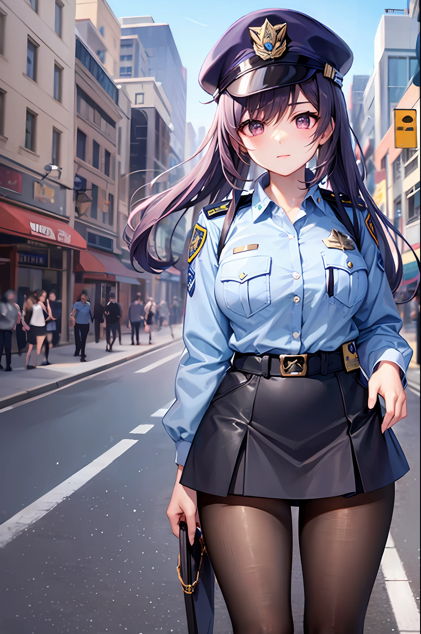 ((uniforme policial com))、cenário urbano、uma minissaia、Sem meias、