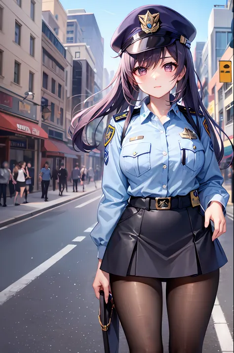 ((police uniform with))、urban backdrop、a miniskirt、no stockings、