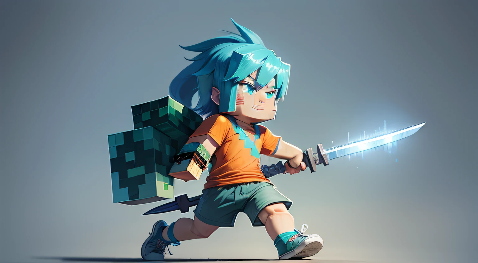 A close up of a cartoon character holding a sword and a block - SeaArt AI