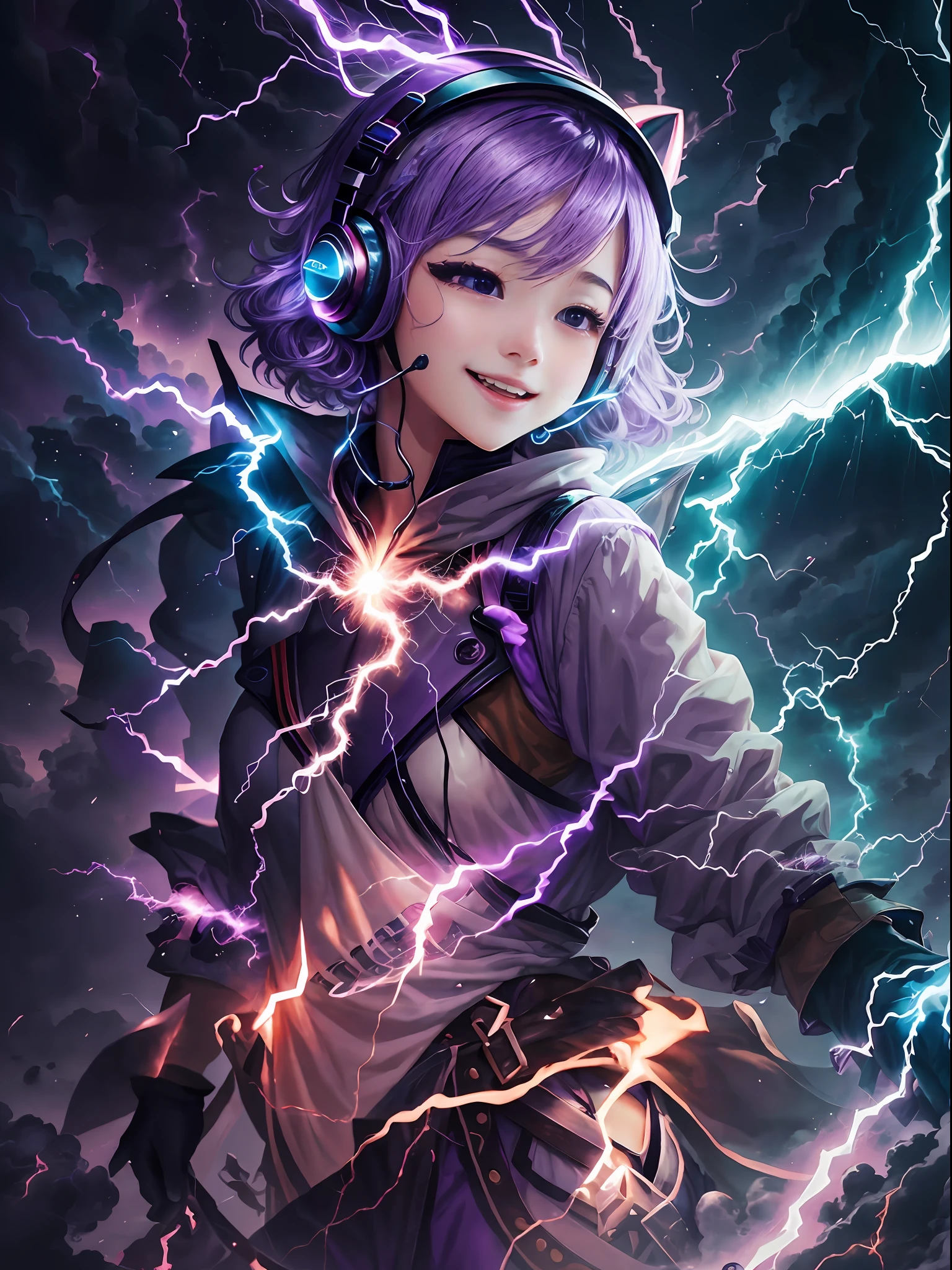 (​masterpiece), top-quality, 8K, erfect artwork, portlate, ((Electricity in their own hands, thunder efect, Energy Waves)), (1girl in), 年轻, cute little, purple color  hair, gloves, headset on head, full body Esbian, e7 CDom, laughs512, pureerosface_v1。Pillar of Light。Lightning beam。