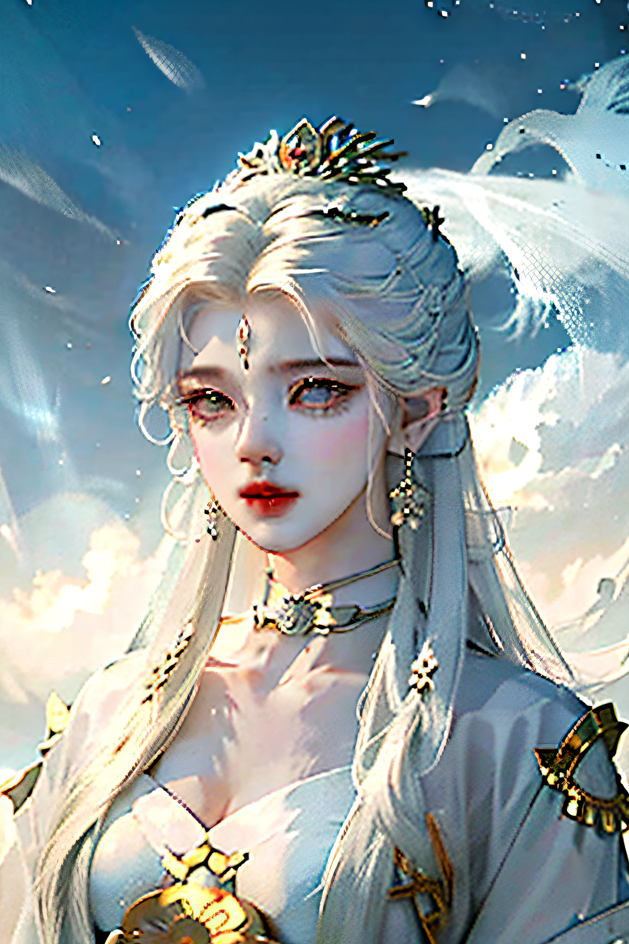 A girl with long white hair and black pupils wearing a white Hanfu，apathy，Back Shadow，There is a golden lotus pattern on the back of the clothes，The collar and cuffs have a gold-trimmed pattern，Endless white ground，surrounded by cloud，themoon，Background bokeh，Center composition