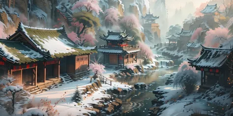 （super wide shot），（Best Masterpiece），8K，An ancient Chinese town nestled in the hills of the mountains，Densely wooded，The leaves are verdant，The stream is babbling，The visuals are beautiful and beautiful，full of sunlight，Winter view，Covered with snow，frozen...