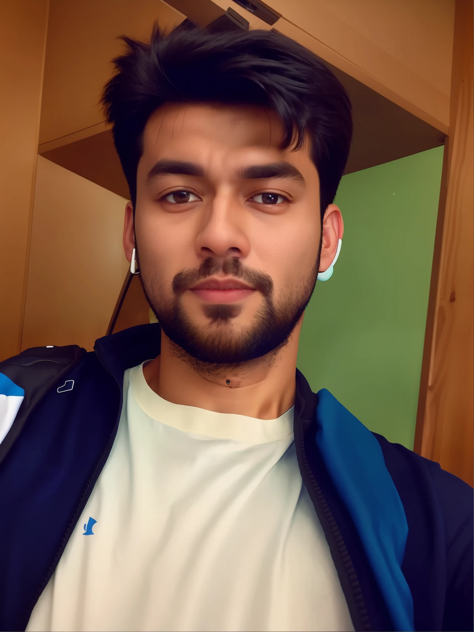 there is a man with a backpack and earphones on, with accurate face, without beard, portait photo profile picture, good looking face, 8k selfie photograph, front profile!!!!, with no beard, vinayak, with a small beard, very very low quality picture, facebook profile picture, without beard and mustache, selfie photo, around 1 9 years old