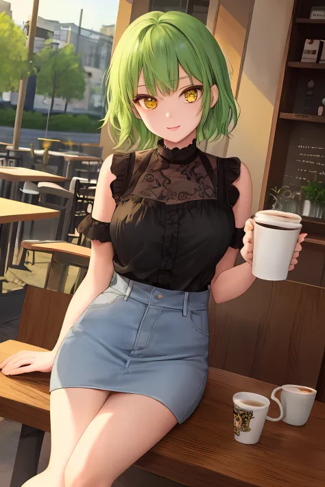 1girl, bright green hair, short hair, princess chlotes, yellow eyes, in cafe, drinking coffee, masterpiece, best illustration, b...