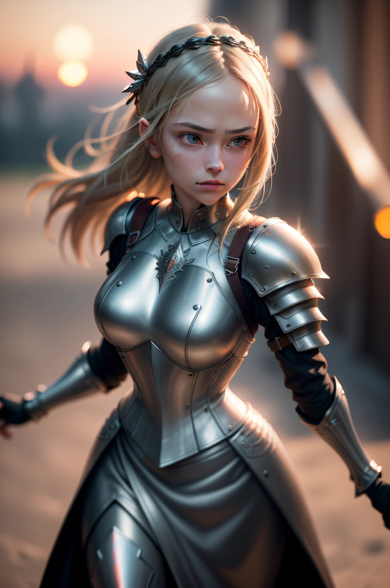 (masterpiece), (extremely intricate:1.3), (realistic), portrait of a girl, the most beautiful in the world, (medieval armor), metal reflections, upper body, outdoors, intense sunlight, far away castle, professional photograph of a stunning woman detailed, sharp focus, dramatic, award winning, cinematic lighting, octane render  unreal engine,  volumetrics dtx, (film grain, blurry background, blurry foreground, bokeh, depth of field, sunset, motion blur:1.3), chainmail