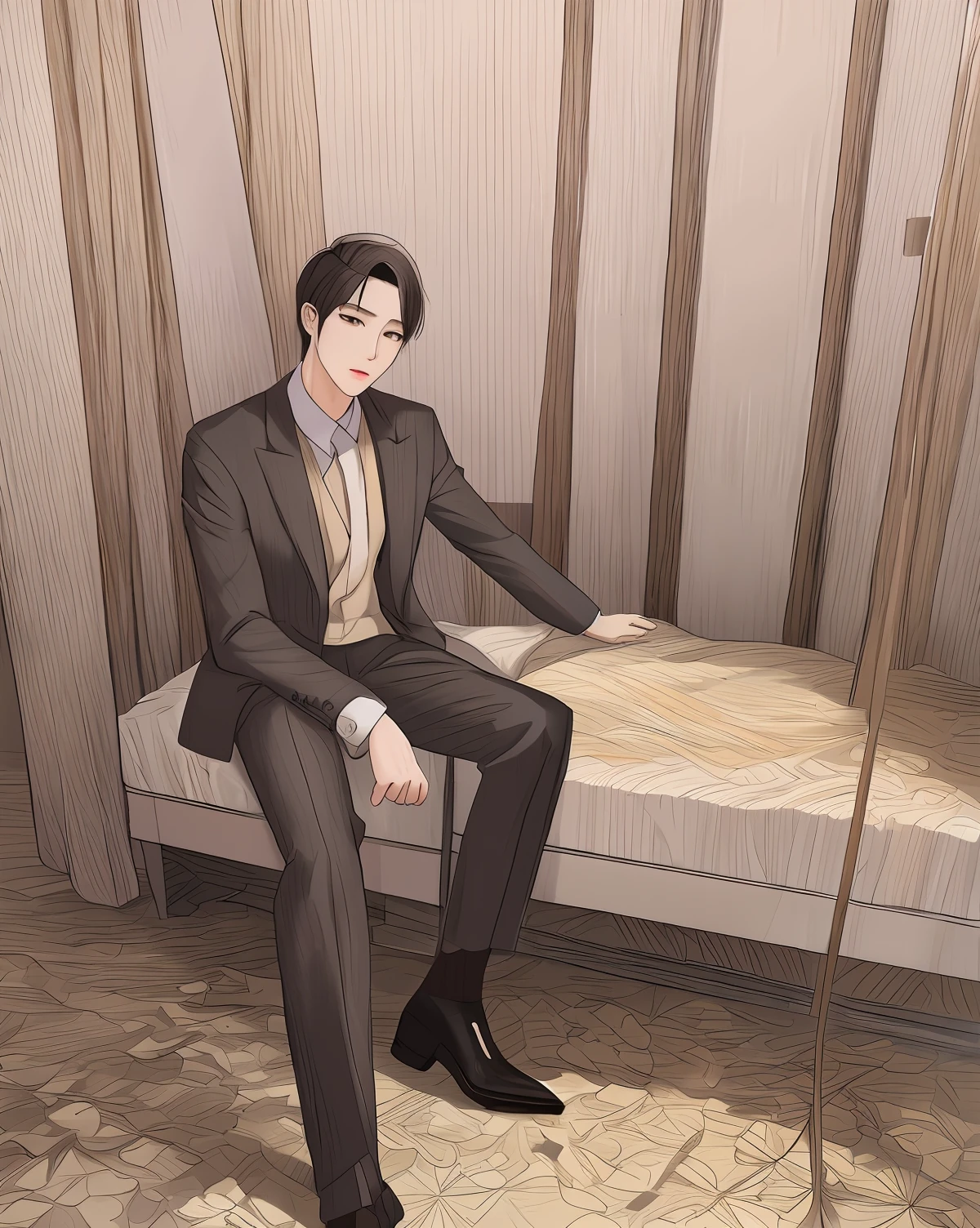 there is a man sitting on a bed in a suit, sitting on the bed, high quality fanart, sitting on a bed, official fanart, by Yang J, detailed fanart, highly detailed exquisite fanart, he is wearing a suit, inspired by Kim Eung-hwan, in his suit, beautiful androgynous prince, delicate androgynous prince, male art