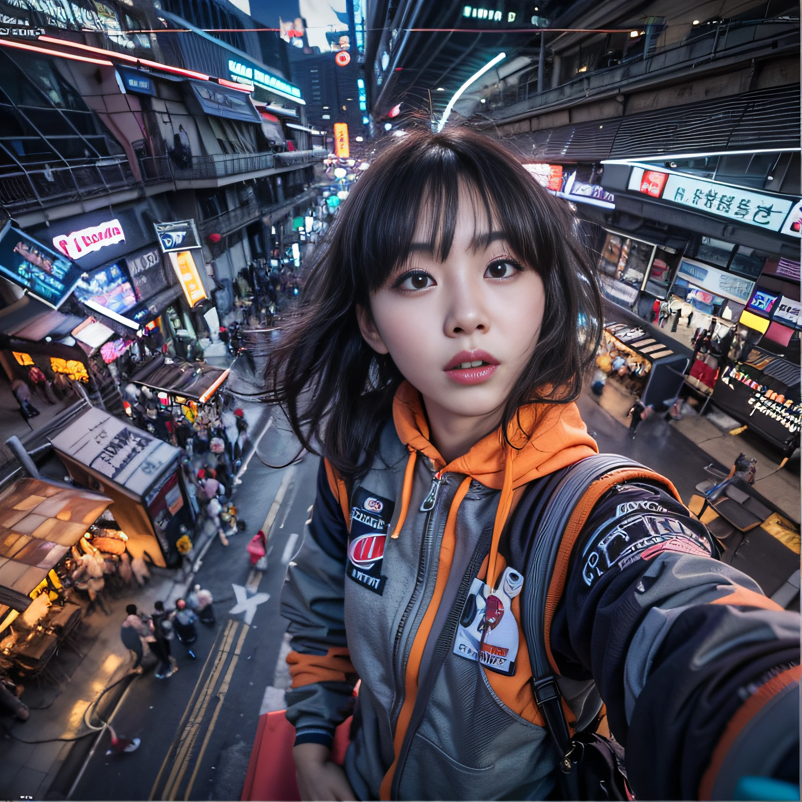 8K, RAW Photos, top-quality, ​masterpiece: 1.2),fish-eye lens、(((Wide View)))、Inside the station、Station platform、fish-eye lens、look at a camera、Cool pose、Hair disheveled in the wind、fully body photo、Red or orange neon、Cyberpunk movies、Raw photo of beautiful Korean 20 year old woman、Half Face、deep in the night、darkened room、hightquality、More skin、Lustrous skin、clearface、cinema shot、nffsw、foco nítido