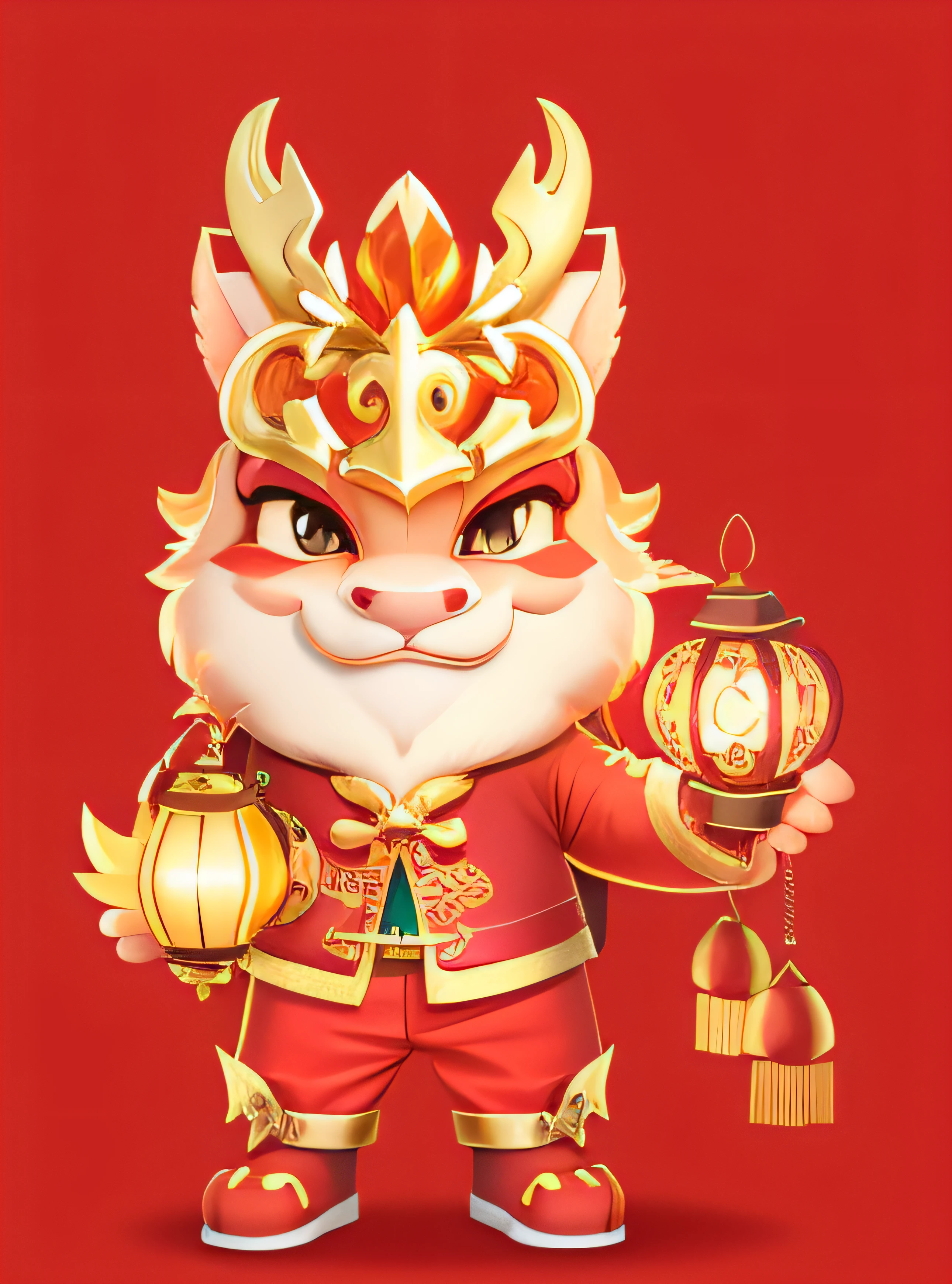 Cartoon Dragon，illustration，2D effect，China-style，New Year mascot，Holding a lantern in his left hand，Holding a gold ingots in his right hand，largeeyes，ssmile，Dragon horns on the head（deer antlers）