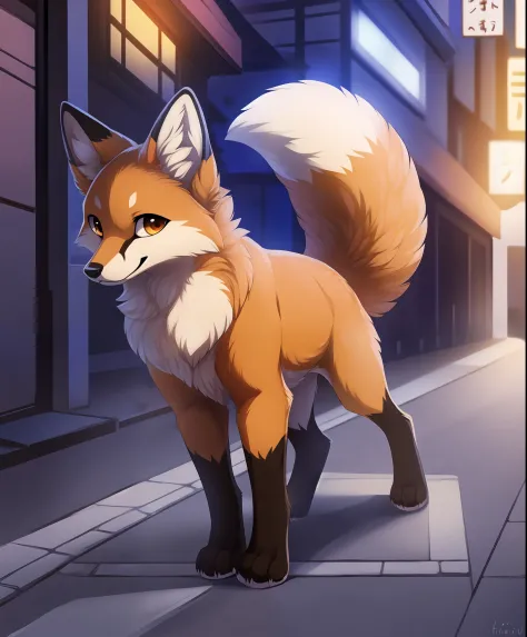 best quality, high quality, hi res, by hioshiru,by tsukune minaga,japanese city,public,detailed background, detailed fur, (solo:1.2),
BREAK
((a male feral fox)), walking down the street,cute expression,