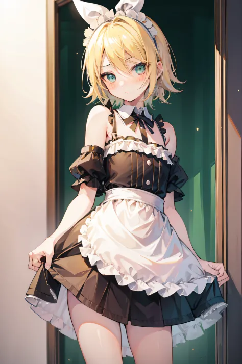 one girl, (Kagamine_Rin), green eyes, blond hair, short hair, cute face, beautiful eyes, flat chest, (maid costume), standing, c...