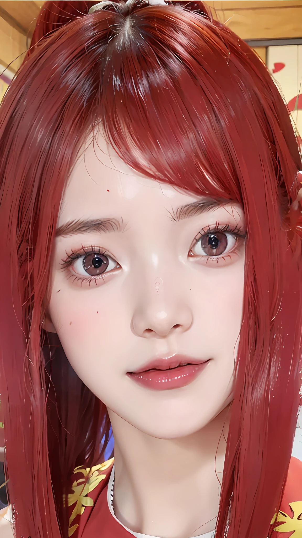 1girl, (8k, RAW photo, best quality, masterpiece:1.2), (ultra highres:1.0),detailed illustration, (real person,fashion photography portrait,photograph), detailed, detailed beautiful skin, (realistic, photo-realistic:1.37), uzumaki kushinaNS, solo, professional lighting, pink dress with flower), village, east asian architecture, trees, village hidden in the leaves background,looking_at_viewer, smile,red hair,red eyes,mitain,toeless footwear,kunai,facial mark,konohagakure symbol,fighting_stance,fence,ninja,adjusting gloves,sleeveless,cleavage, wear red glasses, indoor background, blue eyes