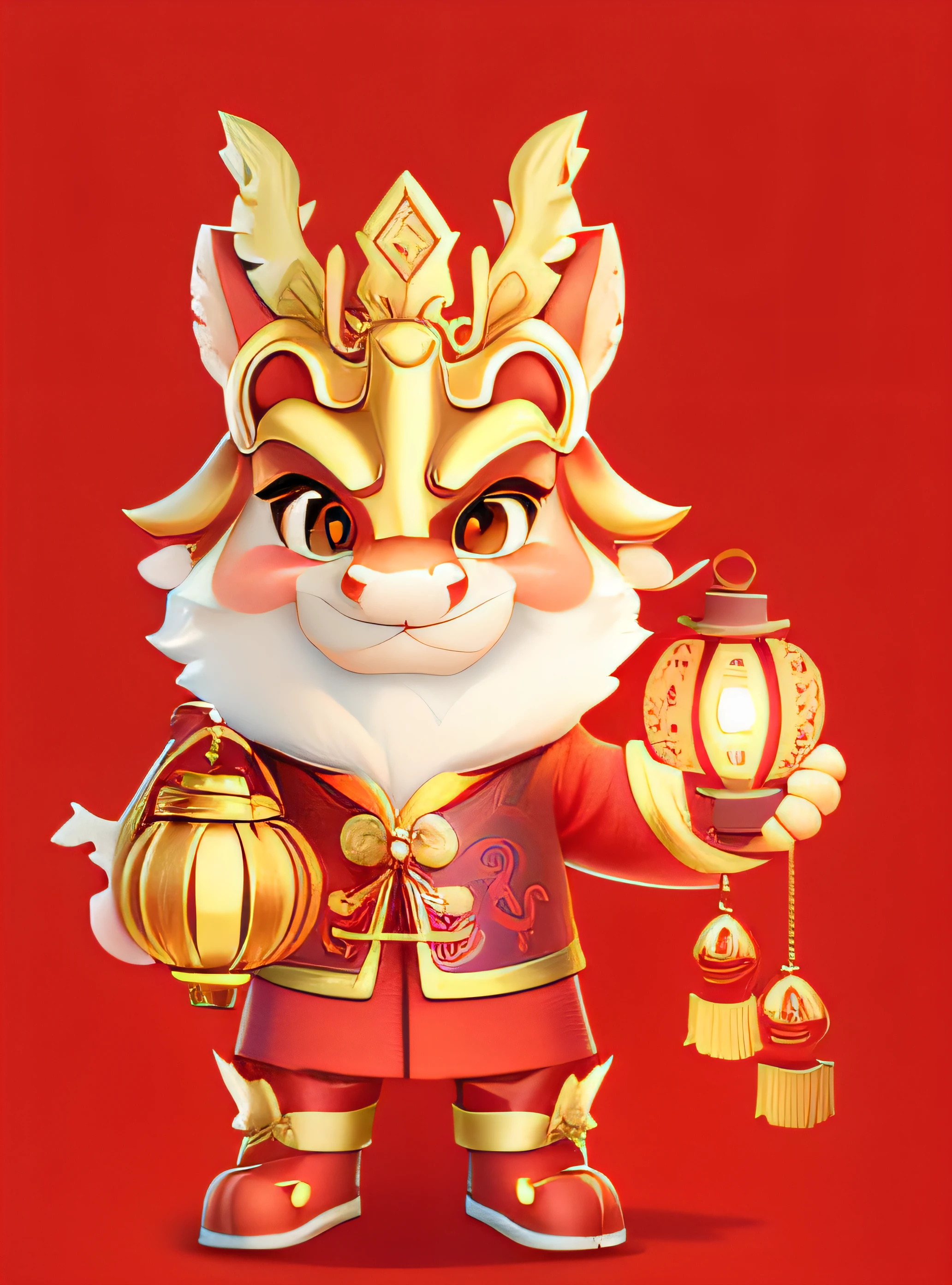 Cartoon Dragon，illustration，2D effect，China-style，New Year mascot，Holding a lantern in his left hand，Holding a gold ingots in his right hand，largeeyes，ssmile，Dragon horns on the head（deer antlers）