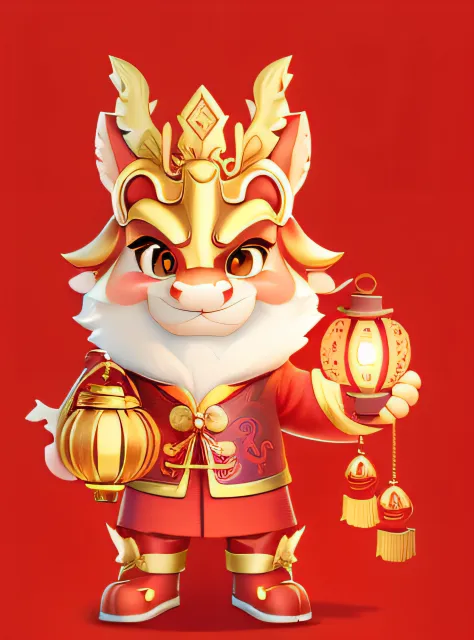 Cartoon Dragon，illustration，2D effect，China-style，New Year mascot，Holding a lantern in his left hand，Holding a gold ingots in hi...