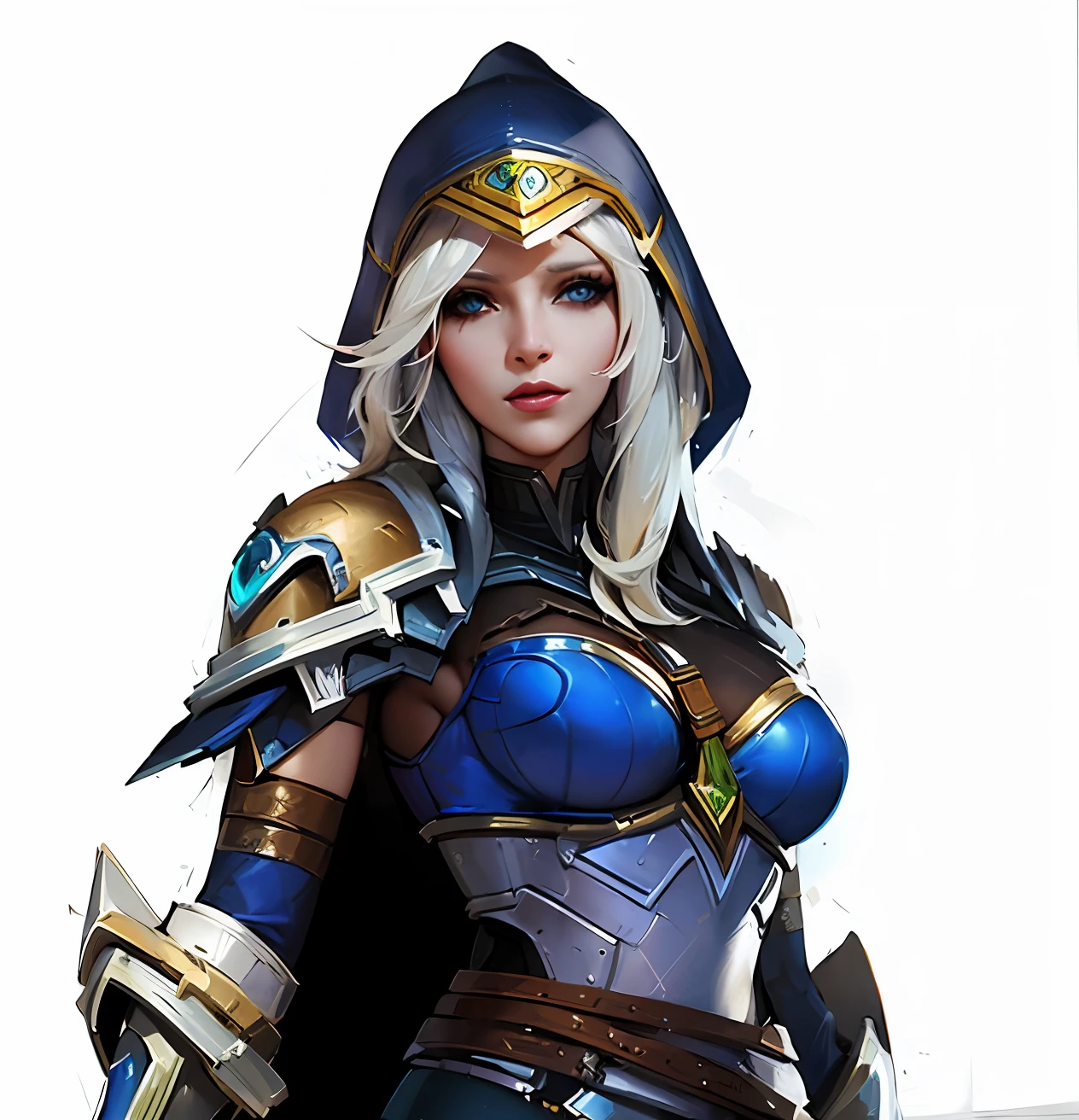 uma mulher em uma roupa azul com um capuz em, Jaina Proudmoore, Ashe, Modelo IG | Artgerm, Retrato de feminino, peitos grandes, front to camera, rosto provocante, Ashe, Overwatch, Samira de League of Legends, Astri Lohne, retrato cavaleiro feminino, mago feminino, hero character art, Qiyana, Artgerm detalhado, Pharah,